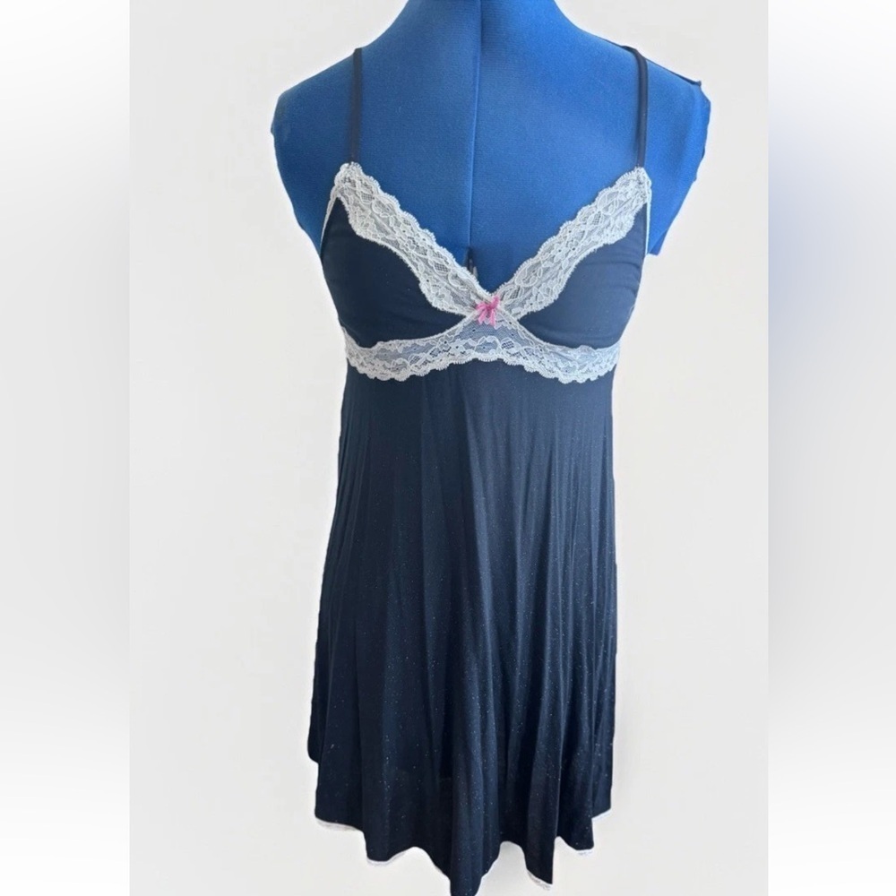 Vintage Victoria’s Secret Little Black Lace Ribbon Bow Baby Doll Slip Dress M